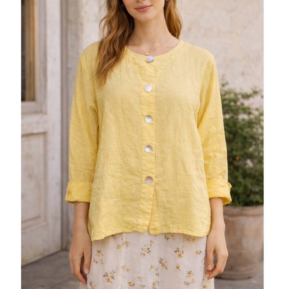 WB4 Flax Button Down Linen Shirt Dotted Textured Yellow Medium